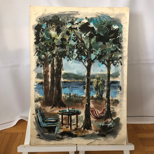 Vintage Painting Art Artwork Trees Hammock Chair Artist Arthur E Sudler
