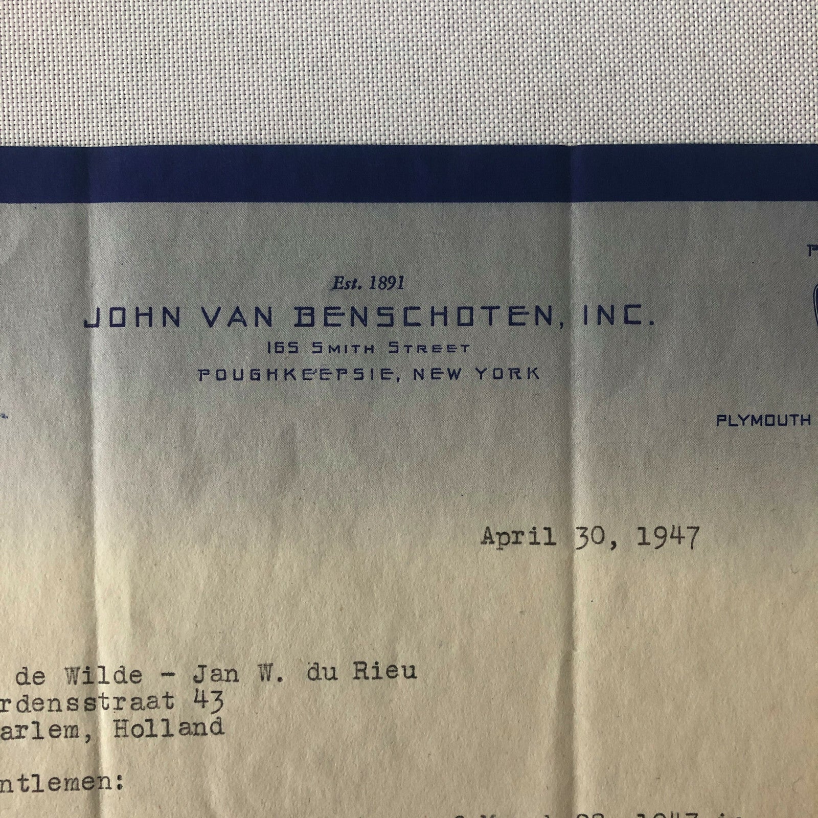 1947 Dodge & Plymouth Car Dealership Letter - Poughkeepsie New York NY Mopar