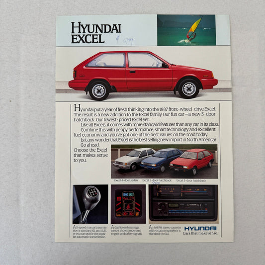 1987 Hyundai Excel Car Sales Sheet Brochure Canadian Market Vintage
