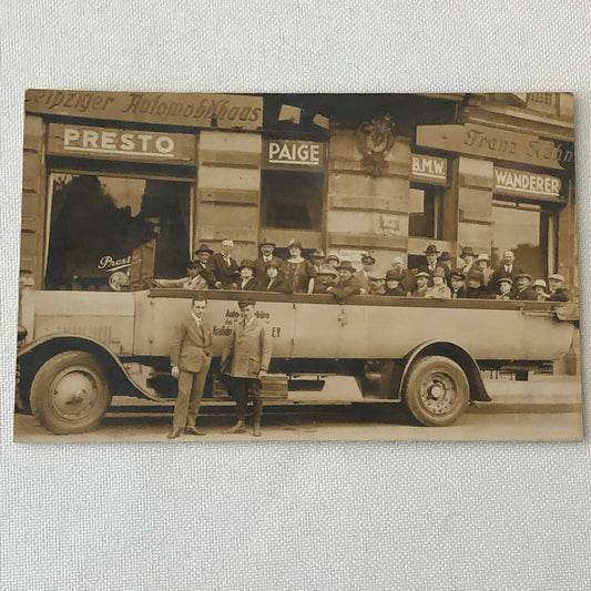 Antique Vintage RPPC Photo Postcard Post Card Bus outside Car Dealer BMW Paige +