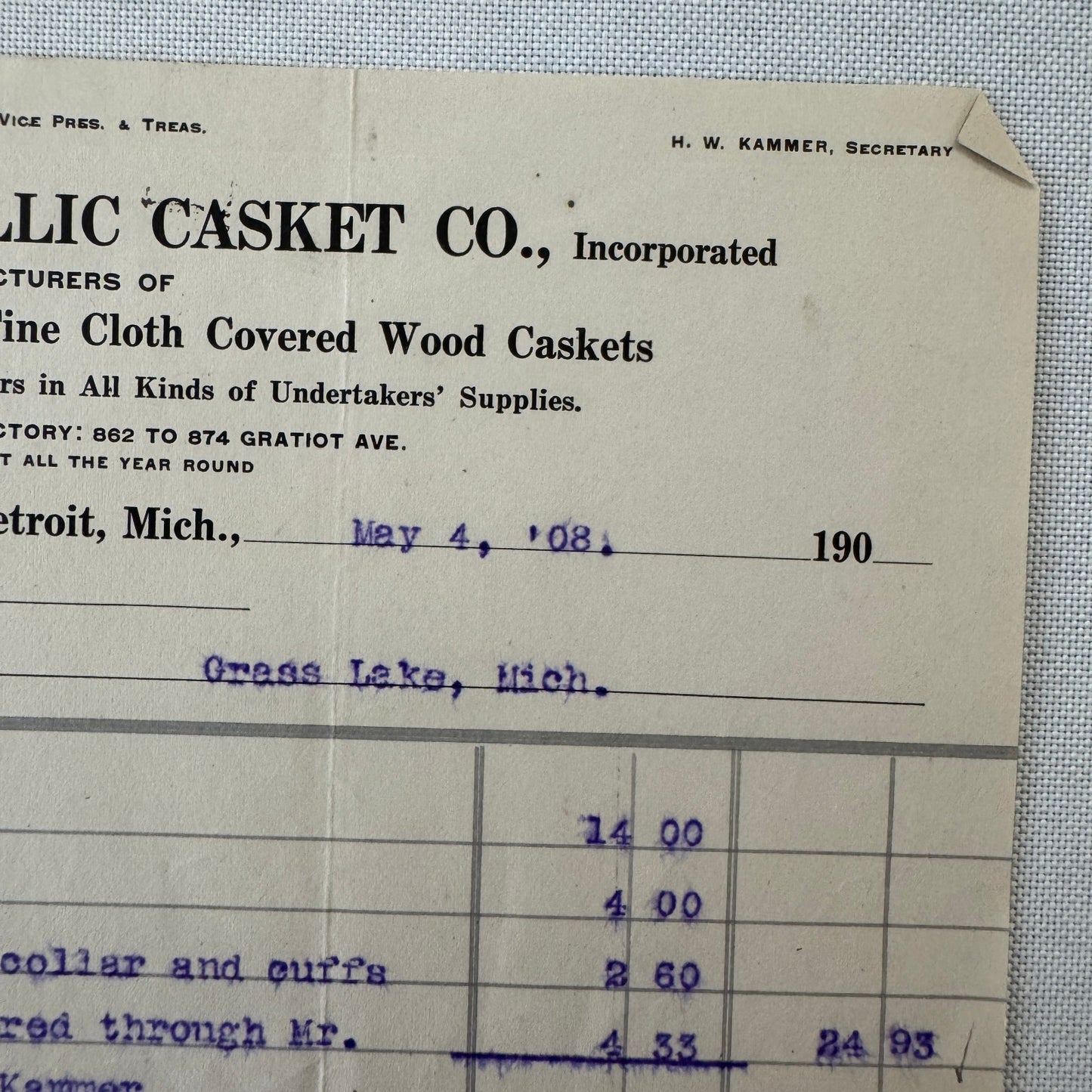 Detroit Metallic Casket Company 1908 Invoice Receipt Document Lot 3x Funeral