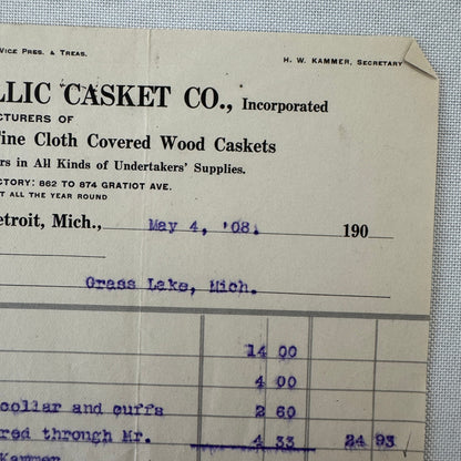 Detroit Metallic Casket Company 1908 Invoice Receipt Document Lot 3x Funeral