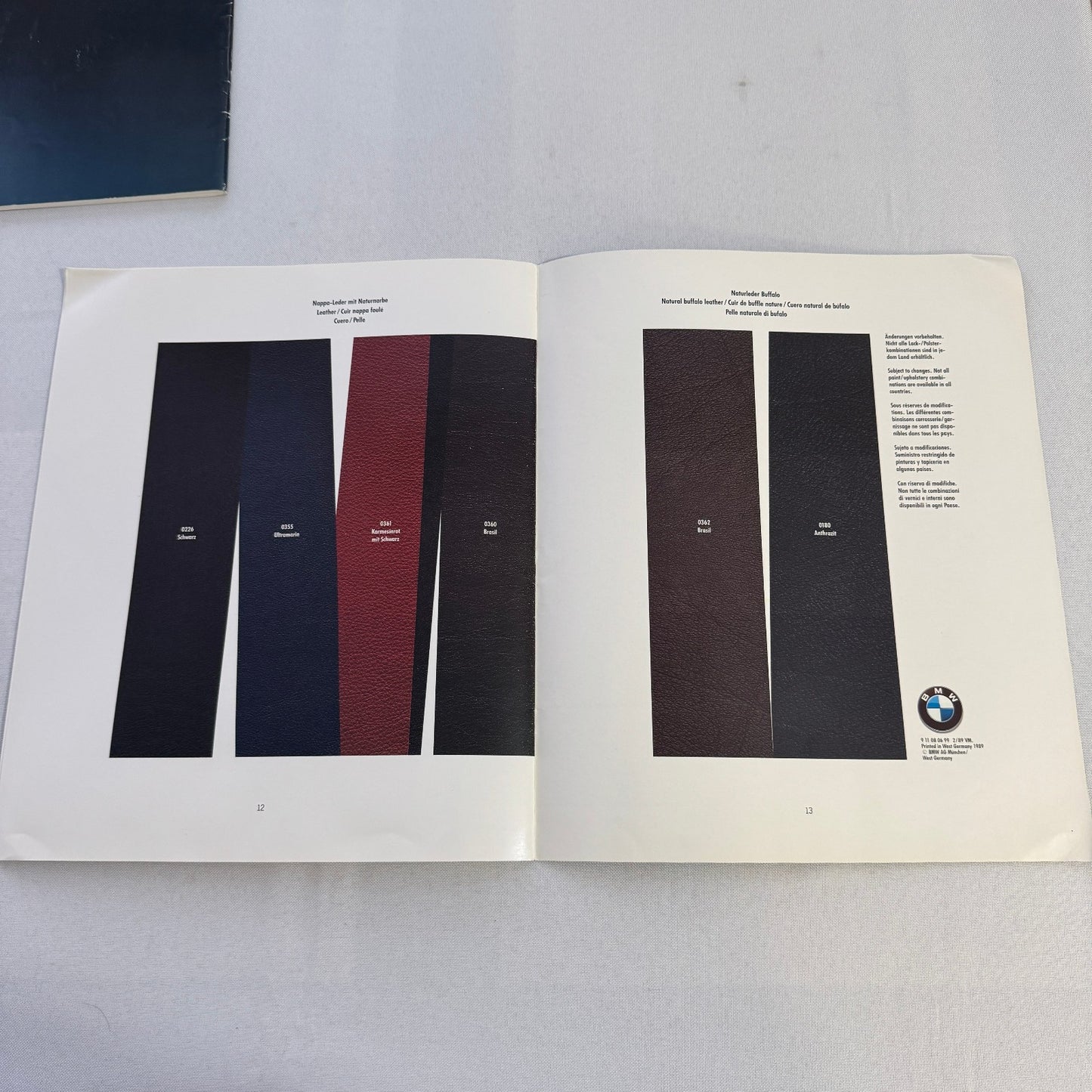 1990 BMW 850i Brochure Catalog BMW 8 Series BMW 850 Colour & Upholstery Lot 2x