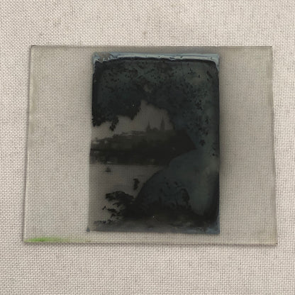 Antique Glass Plate Lantern Slide Photo Landscape Building Lake River