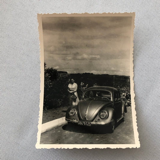 Vintage Photo Photograph Snapshot Woman with VW Volkswagen Beetle Bug