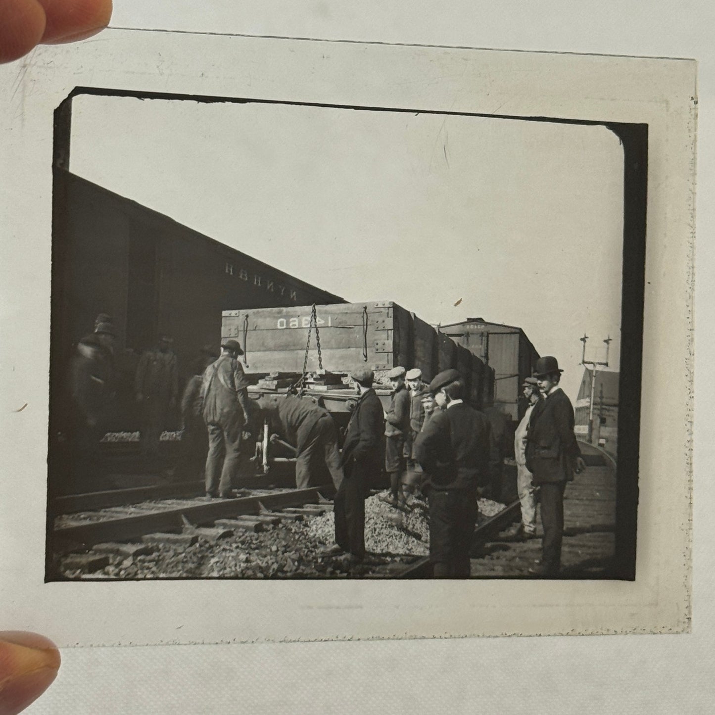 Antique Glass Plate Lantern Slide Photo Men with Train Railroad Railway