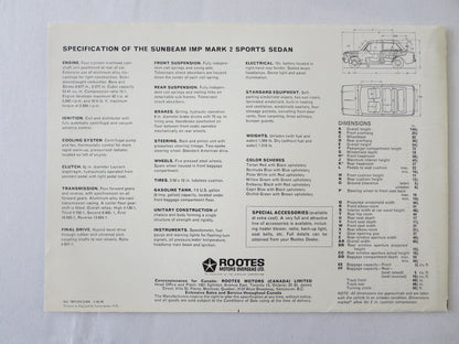 1960s Sunbeam IMP Mark 2 Sports Sedan Sales Brochure Catalog Poster 