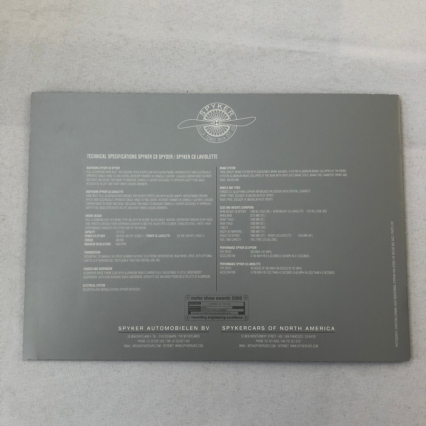 Spyker Car Sales Brochure Catalog C8 Spyder C8 Laviolette