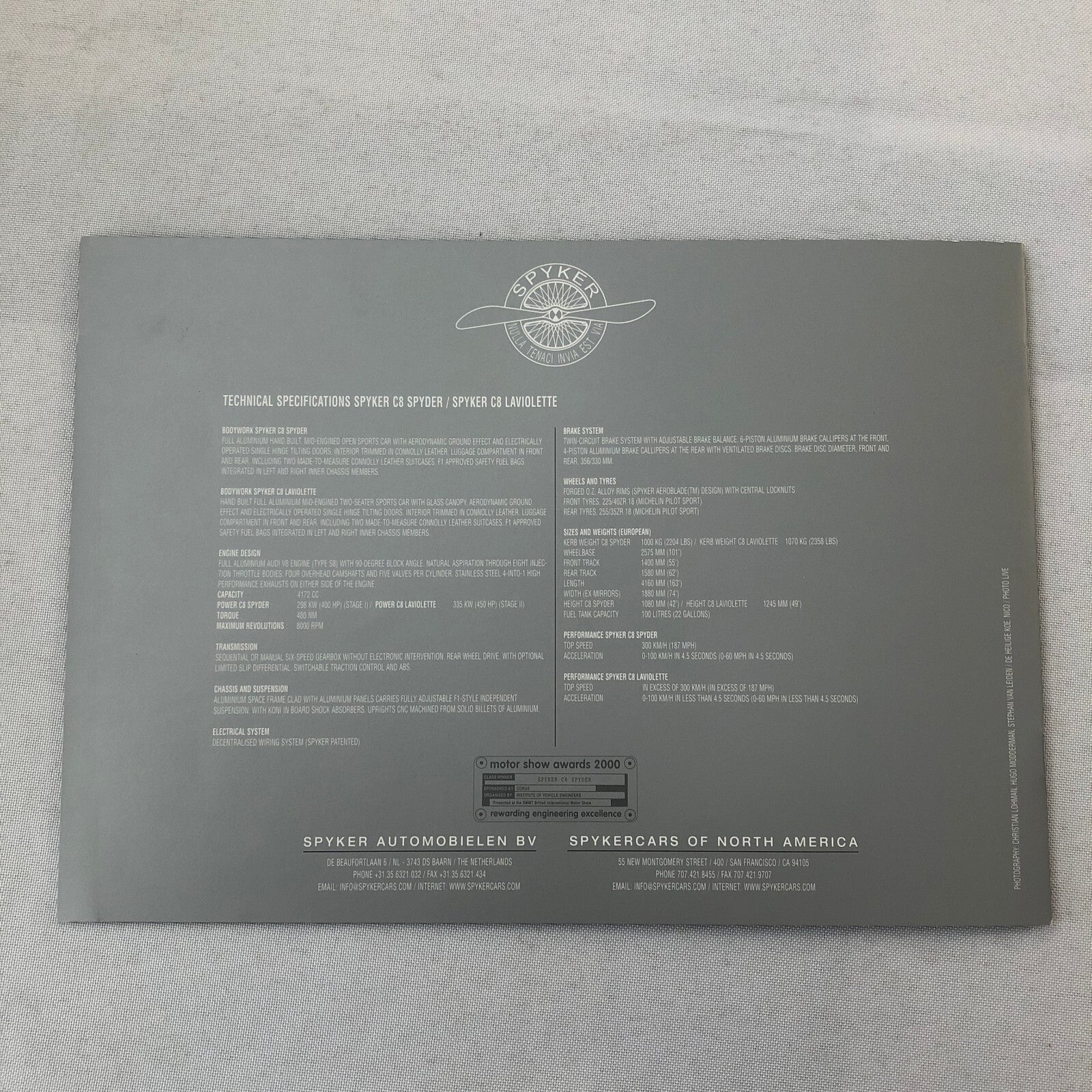 Spyker Car Sales Brochure Catalog C8 Spyder C8 Laviolette