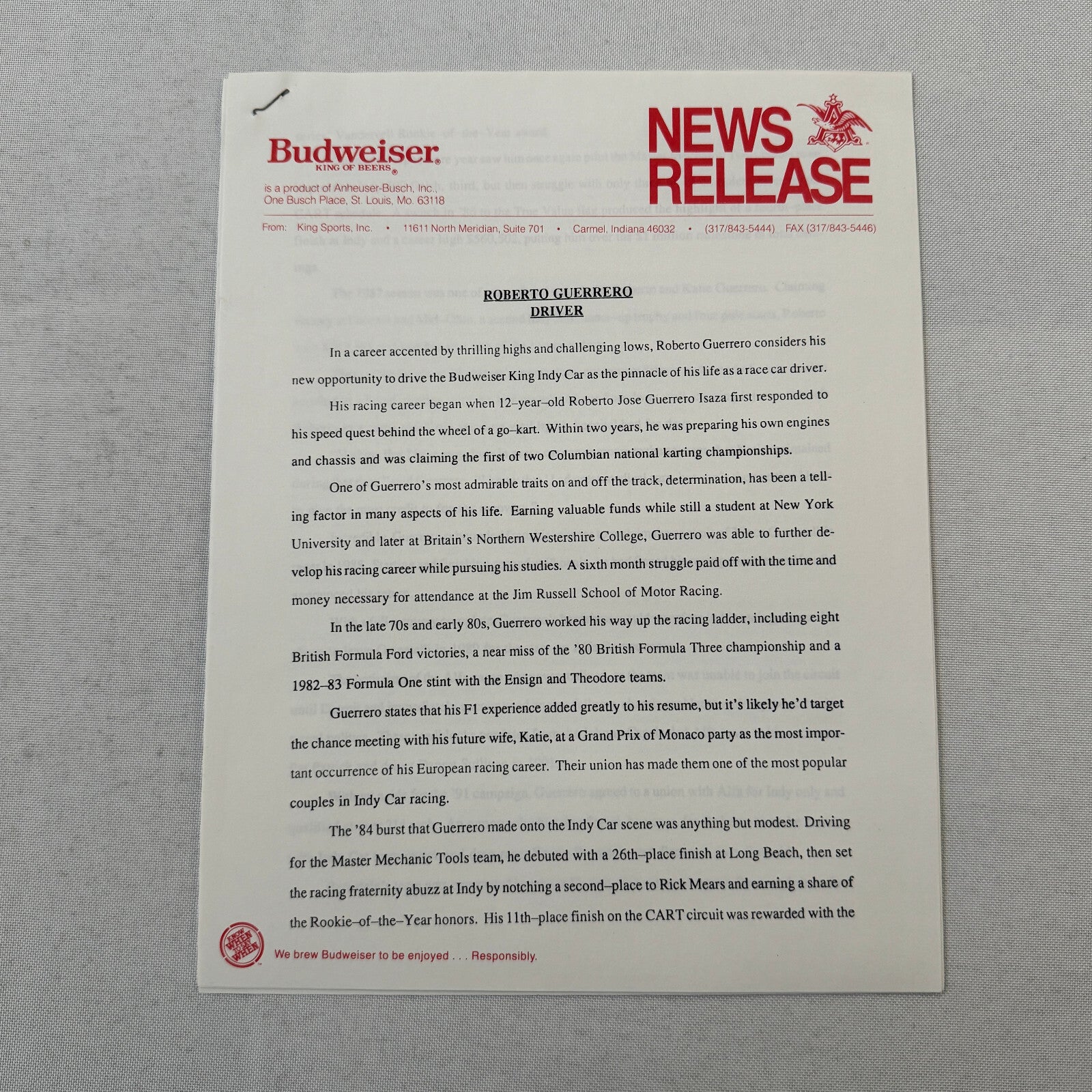 1993 Budweiser King Indy Car Racing Press Kit Roberto Guerrero