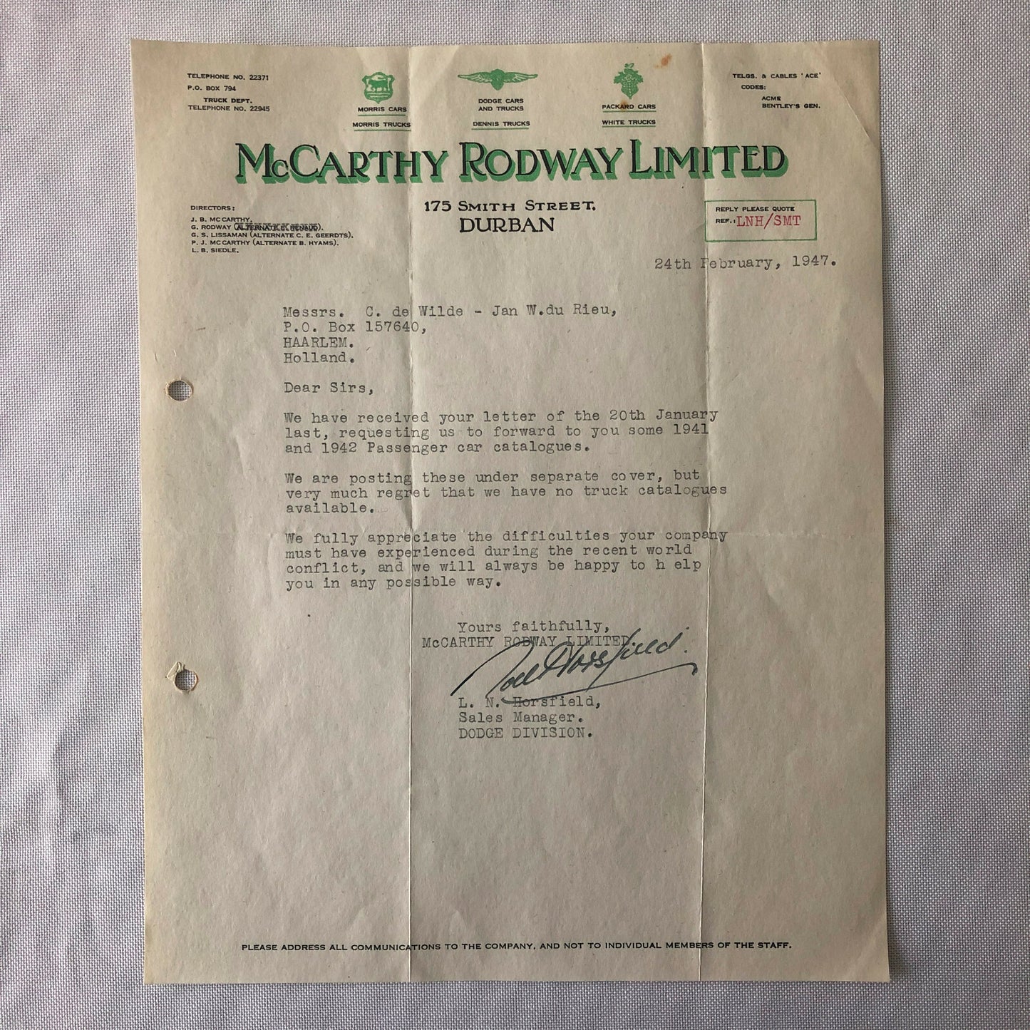 1947 Morris Dodge & Packard Car and Truck Dealership Letter Letterhead Document 