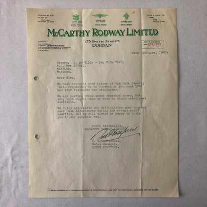 1947 Morris Dodge & Packard Car and Truck Dealership Letter Letterhead Document 