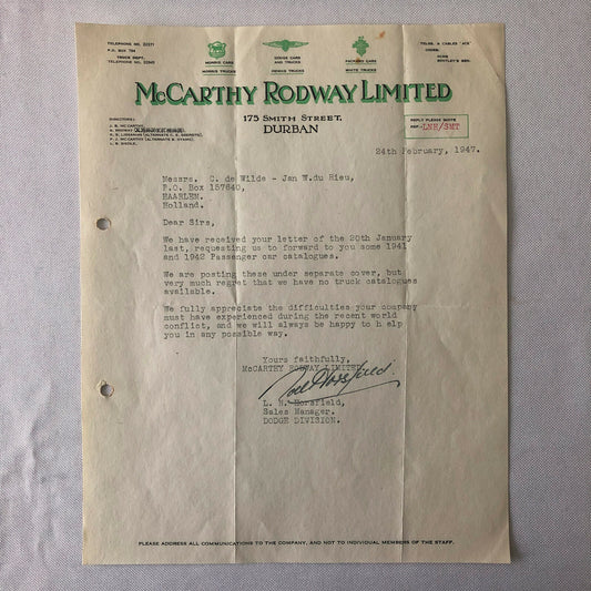 1947 Morris Dodge & Packard Car and Truck Dealership Letter Letterhead Document 
