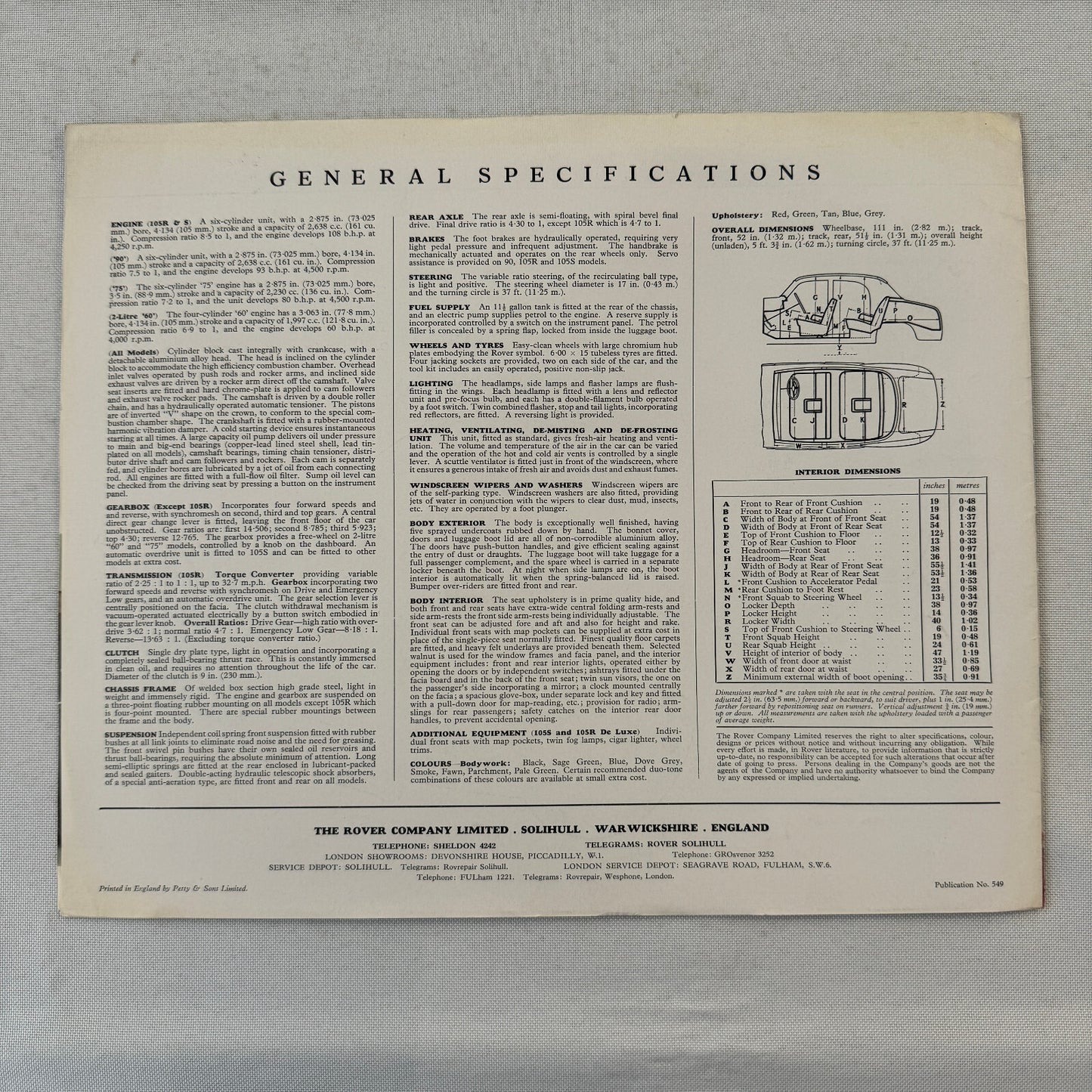 Rover Car Sales Brochure Catalog Vintage Sixty Seventy Five Ninety 105S 105R