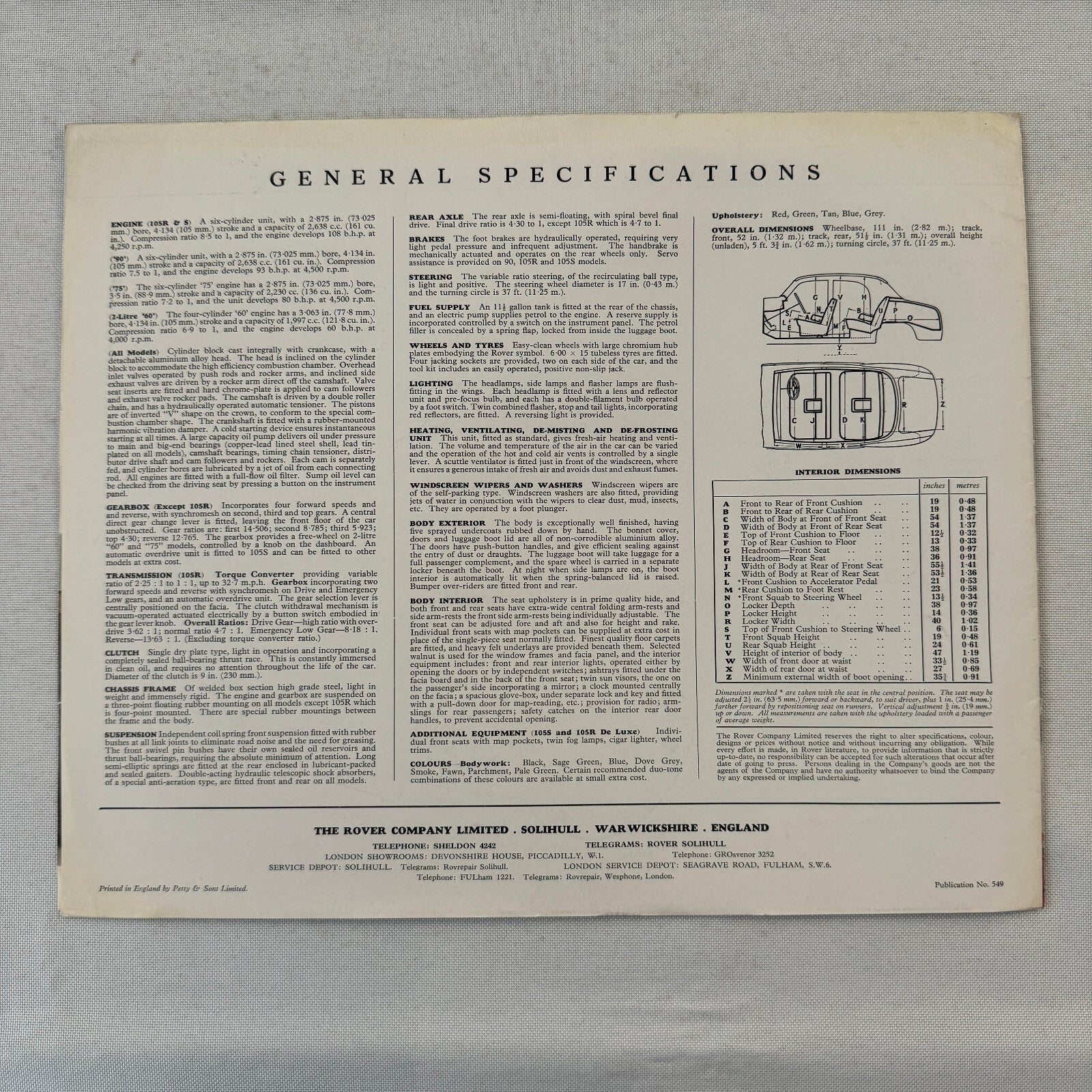 Rover Car Sales Brochure Catalog Vintage Sixty Seventy Five Ninety 105S 105R