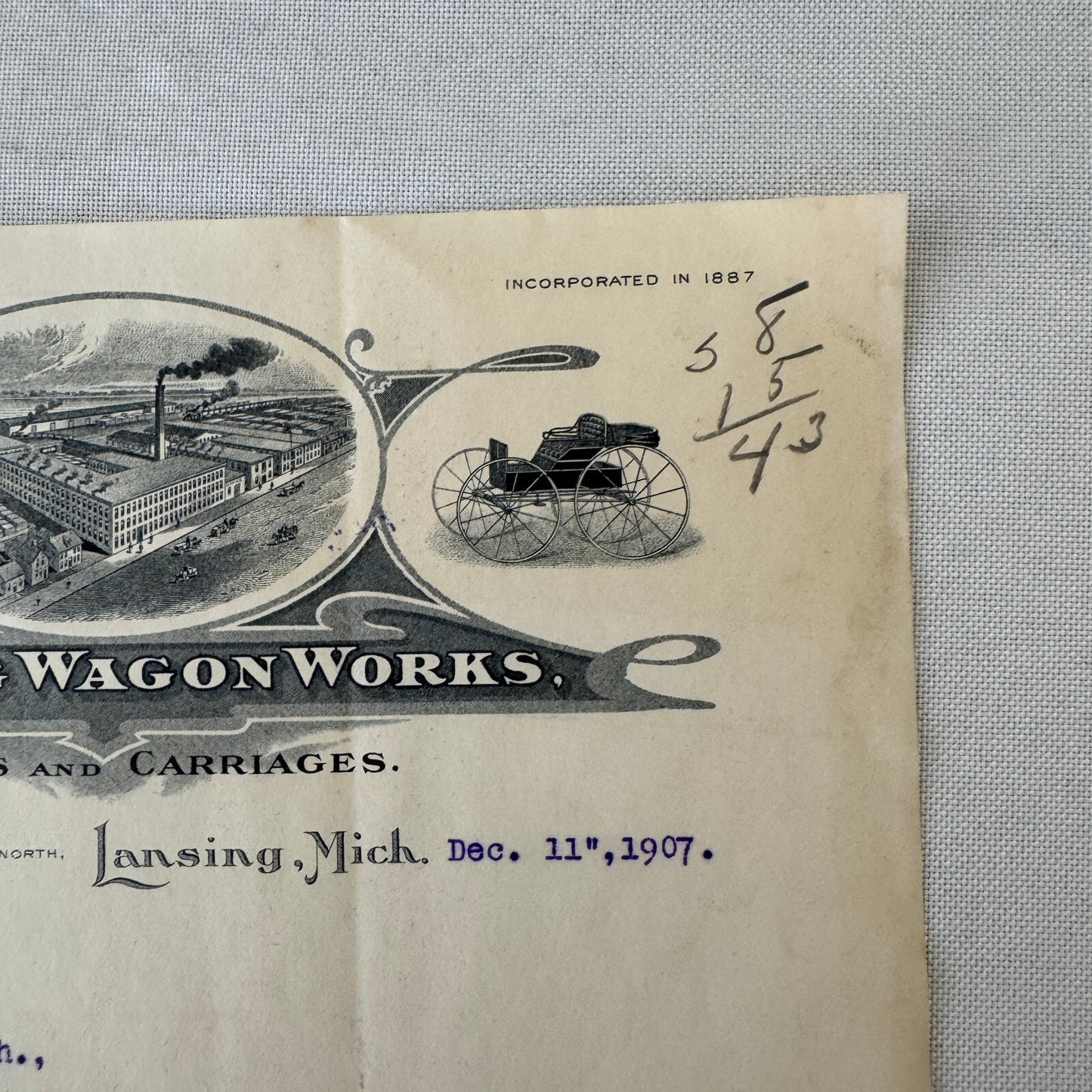 Lansing Wagon Works Wagons Carriages Vintage Document Letterhead Letter 1907