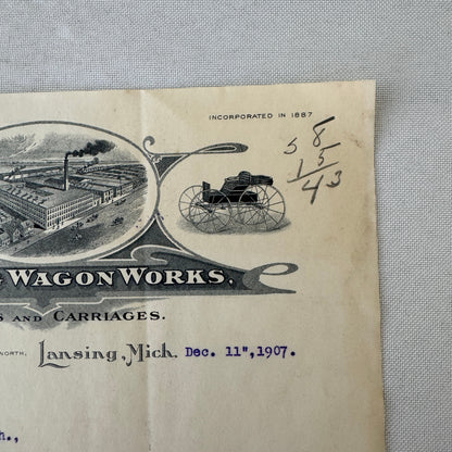 Lansing Wagon Works Wagons Carriages Vintage Document Letterhead Letter 1907