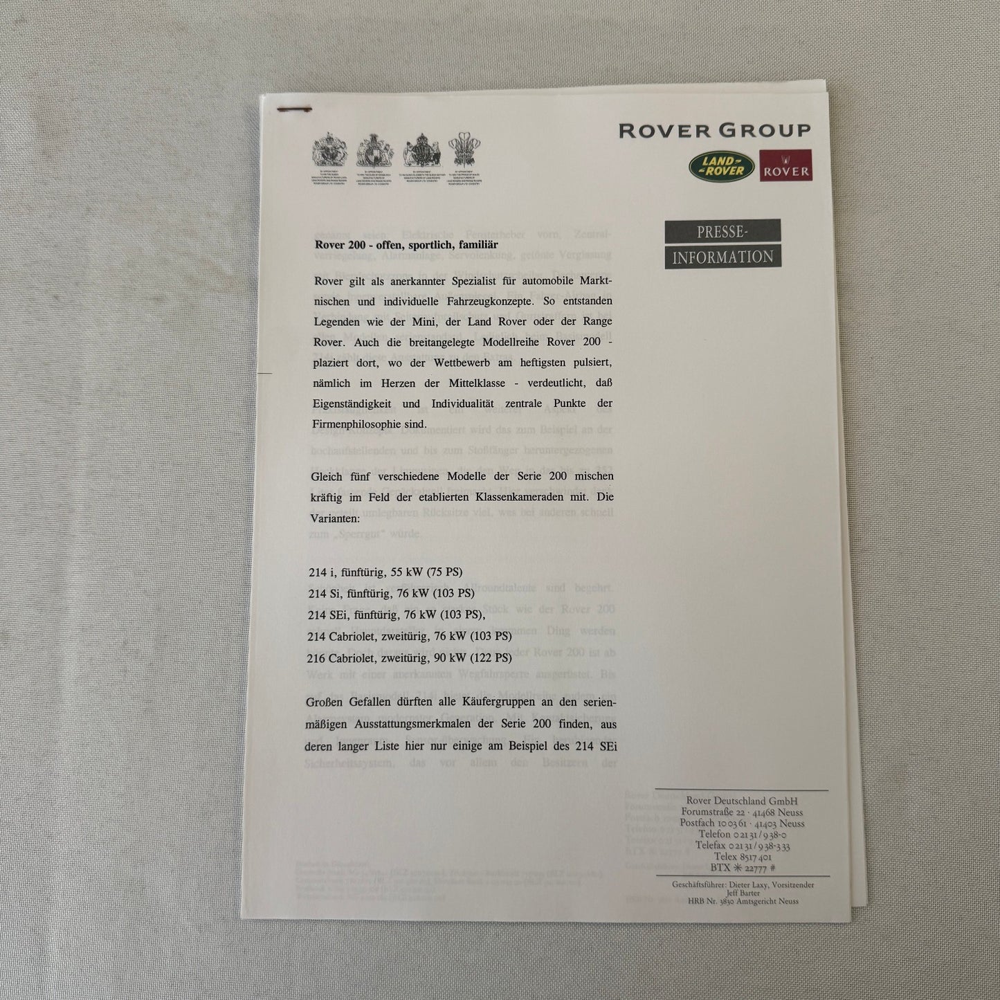 1995 1996 Rover Land Rover Press Kit Mini Cooper MG MGF Range Rover GERMAN