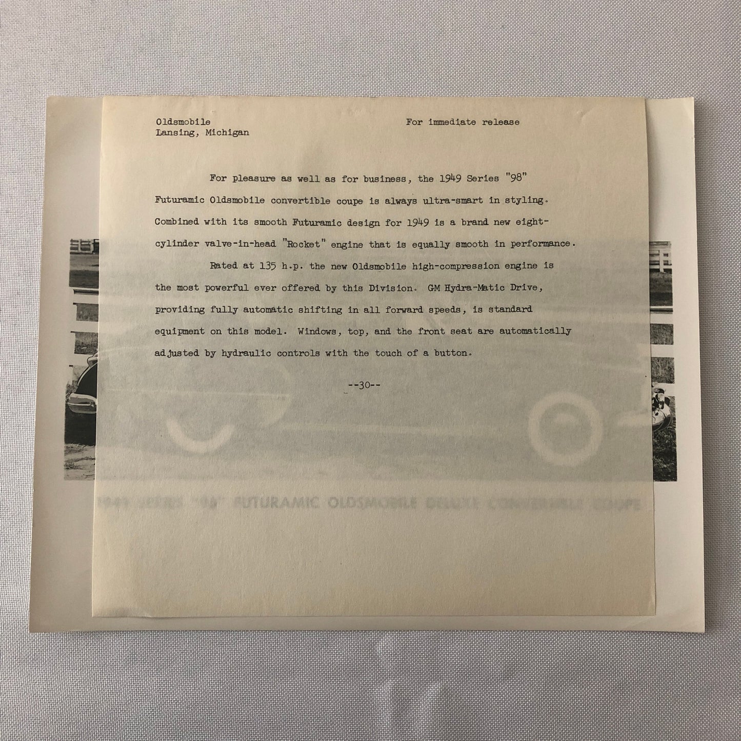 1949 Oldsmobile Series 98 Futuramic Convertible Factory Press Photo Photograph