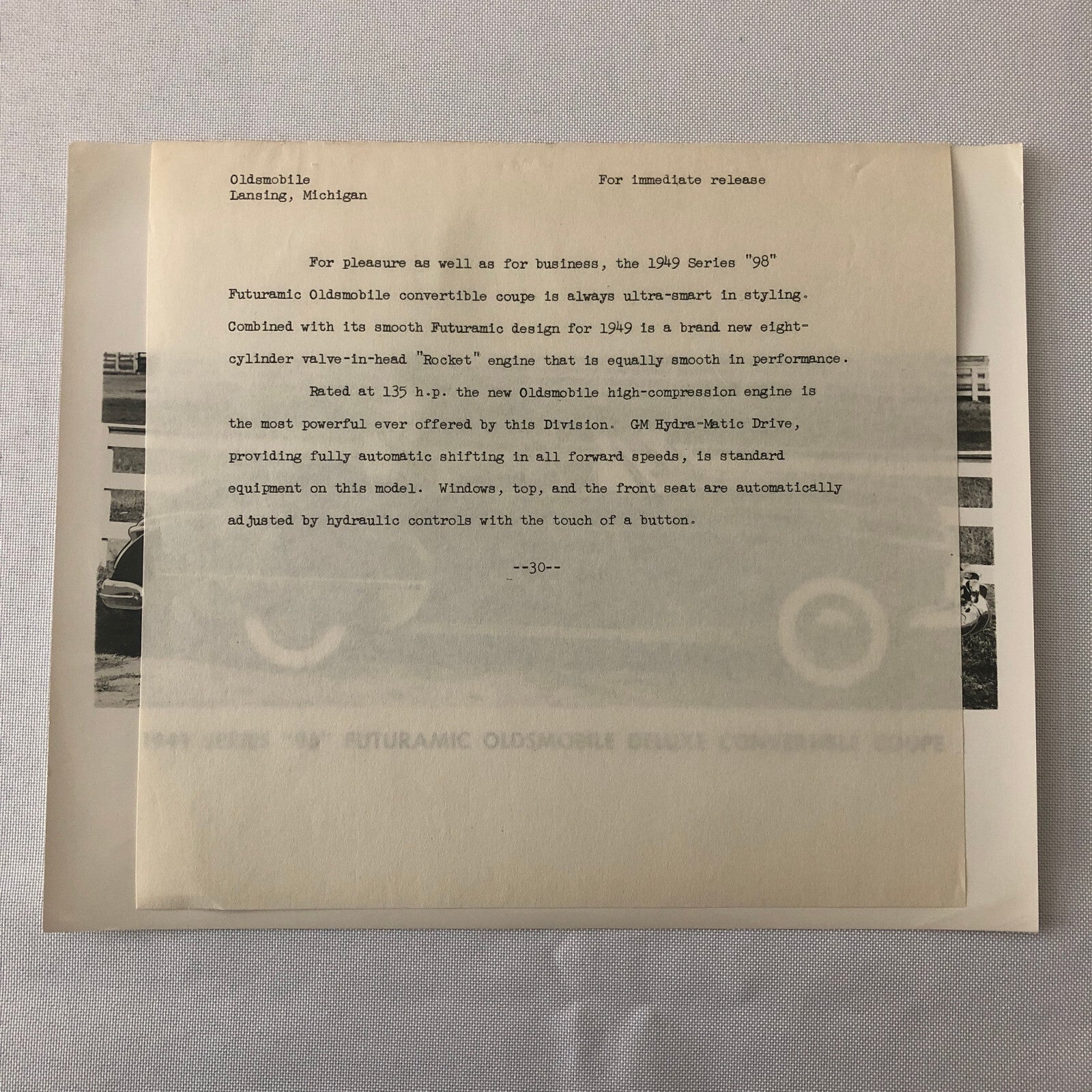 1949 Oldsmobile Series 98 Futuramic Convertible Factory Press Photo Photograph