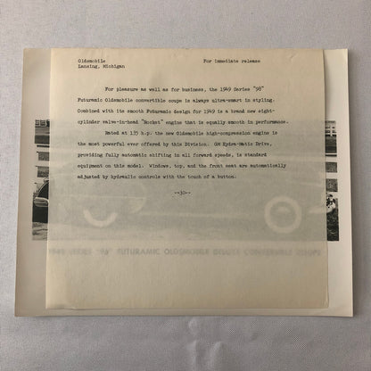 1949 Oldsmobile Series 98 Futuramic Convertible Factory Press Photo Photograph