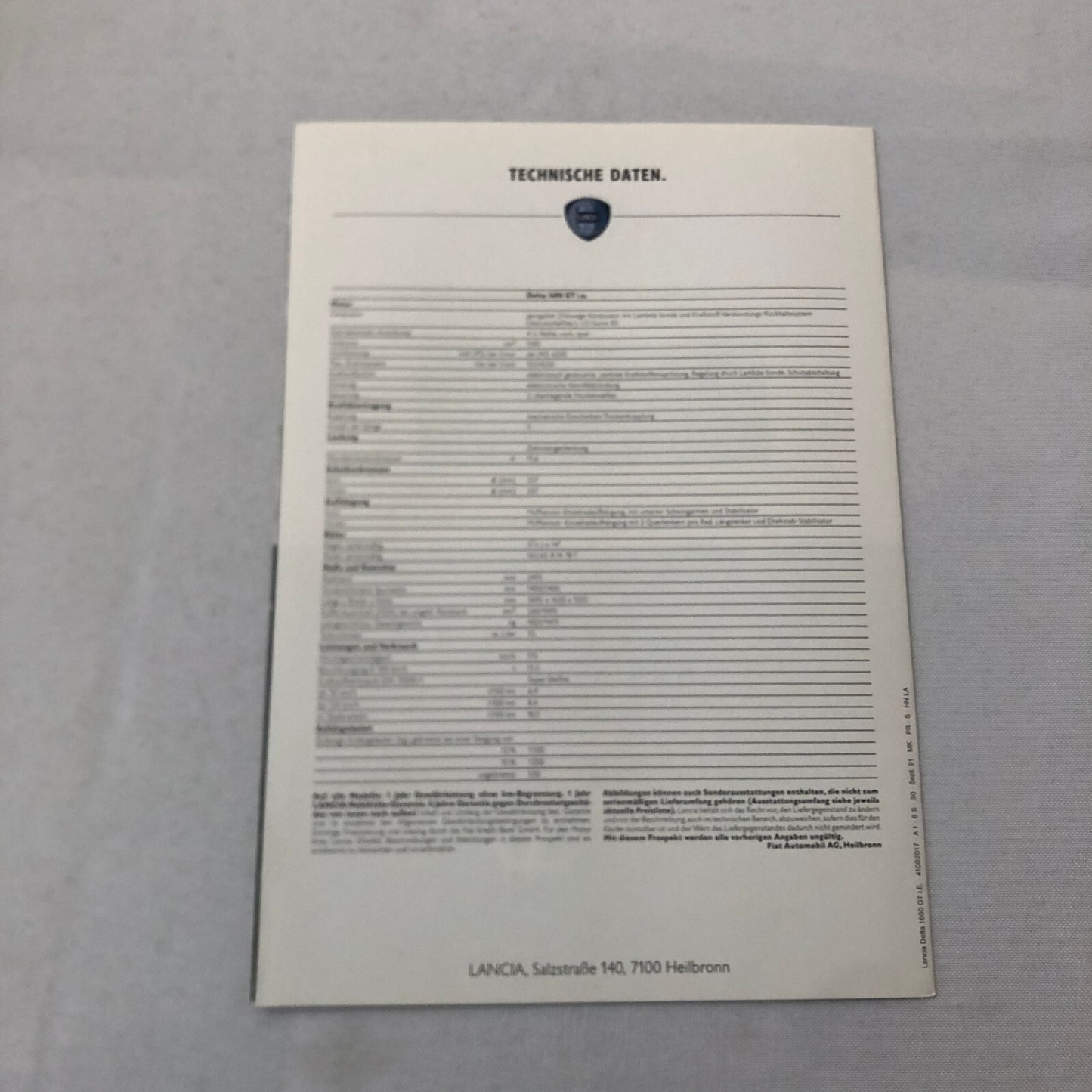 Lancia Delta 1600 GT I.E. Car Sales Brochure Catalog GERMAN TEXT European