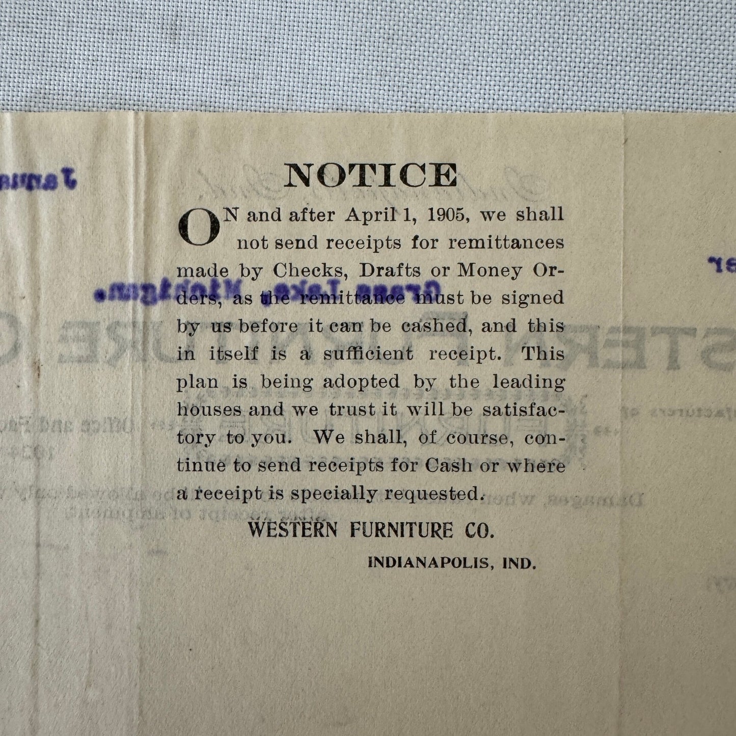 Western Furniture Company Receipt Invoice Document Letterhead 1908 Indianapolis