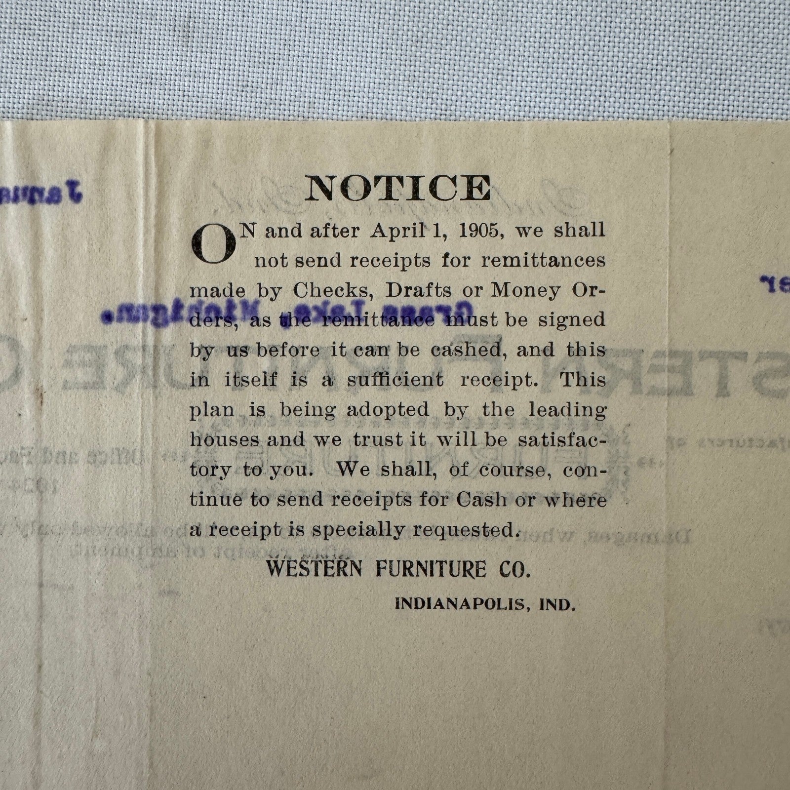 Western Furniture Company Receipt Invoice Document Letterhead 1908 Indianapolis