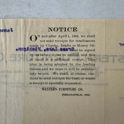 Western Furniture Company Receipt Invoice Document Letterhead 1908 Indianapolis