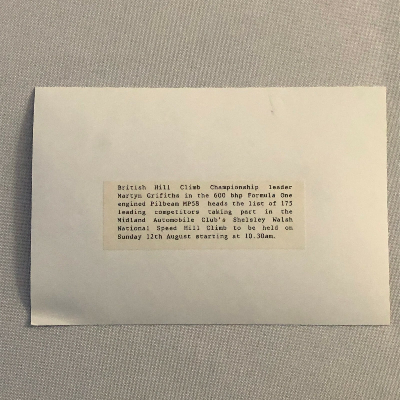 British Hill Climb Martyn Grifiths Pilbeam M58 Car Shelsley Walsh Photo Print 