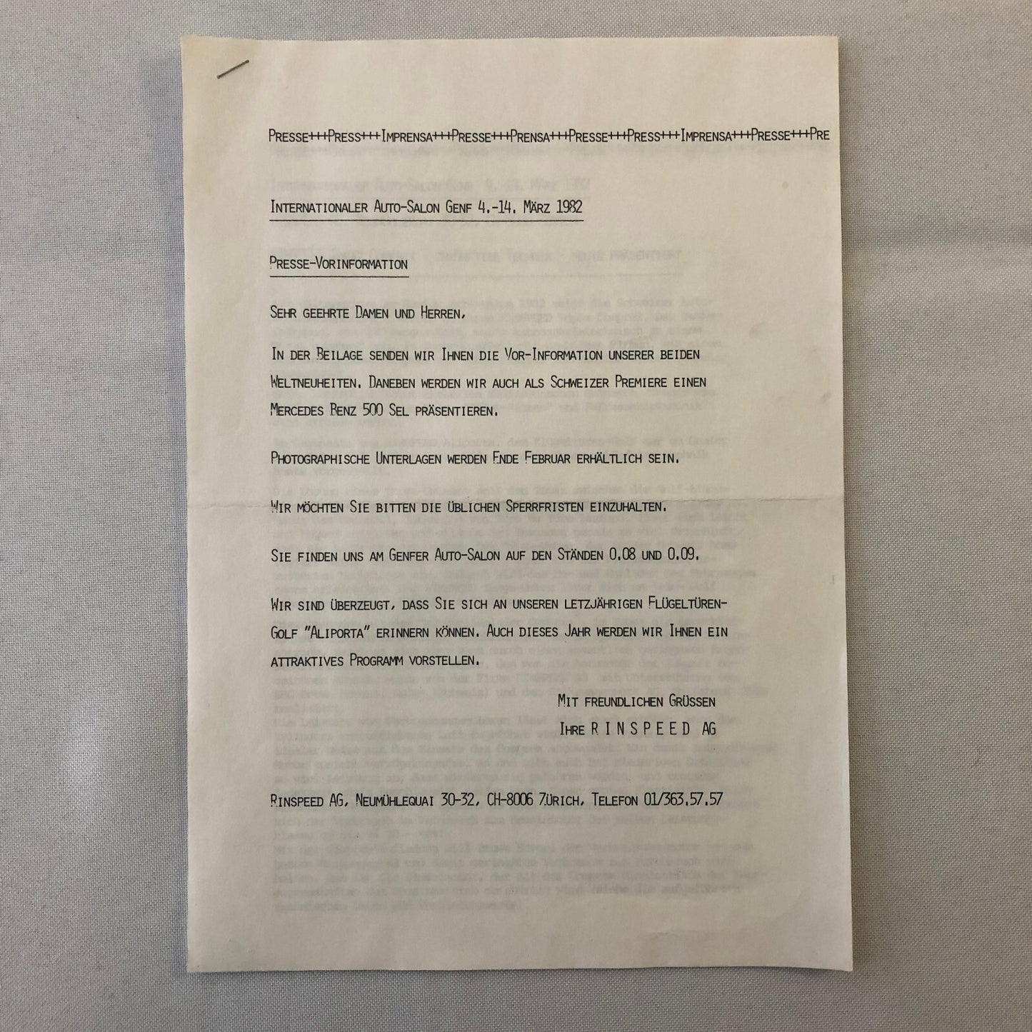 1982 Rinspeed Car Press Release Document Topaz Volkswagen Porsche 938 GERMAN
