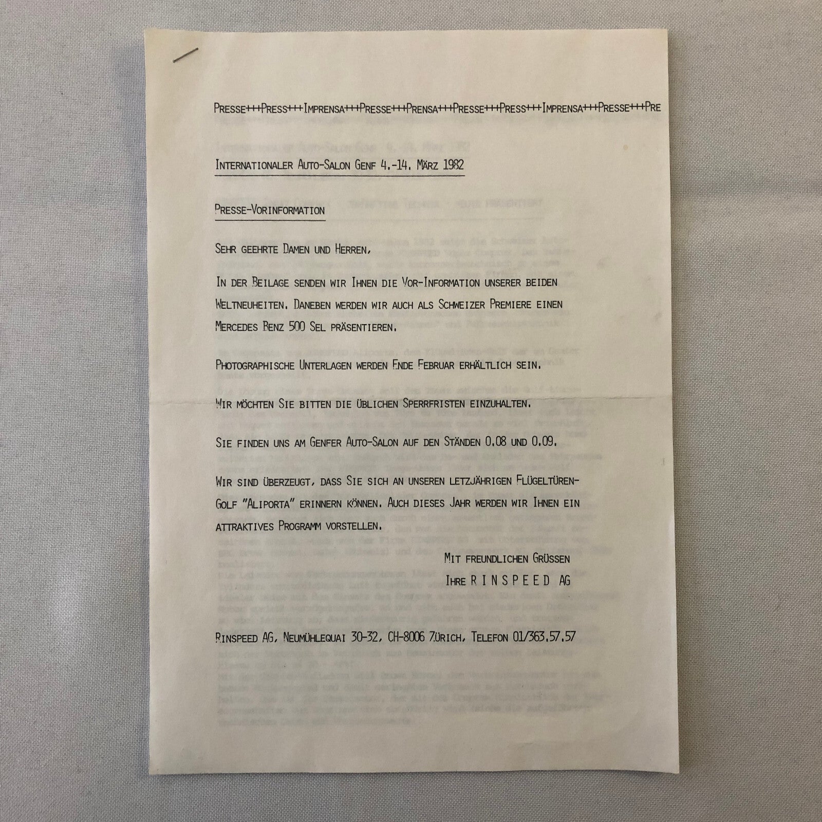 1982 Rinspeed Car Press Release Document Topaz Volkswagen Porsche 938 GERMAN
