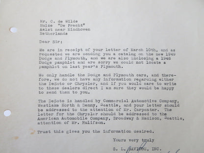 1949 1951 Dodge Plymouth Dealership Letter S.L. Savidge Motors Letterhead