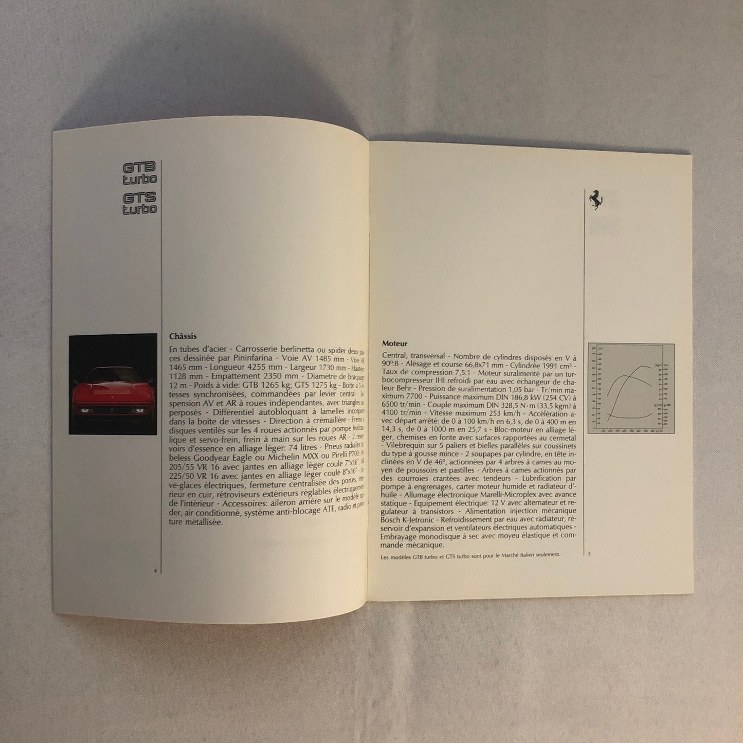 Ferrari Sales Brochure GTB GTS Turbo 328 Mondial 412 Testarossa F40 FRENCH TEXT