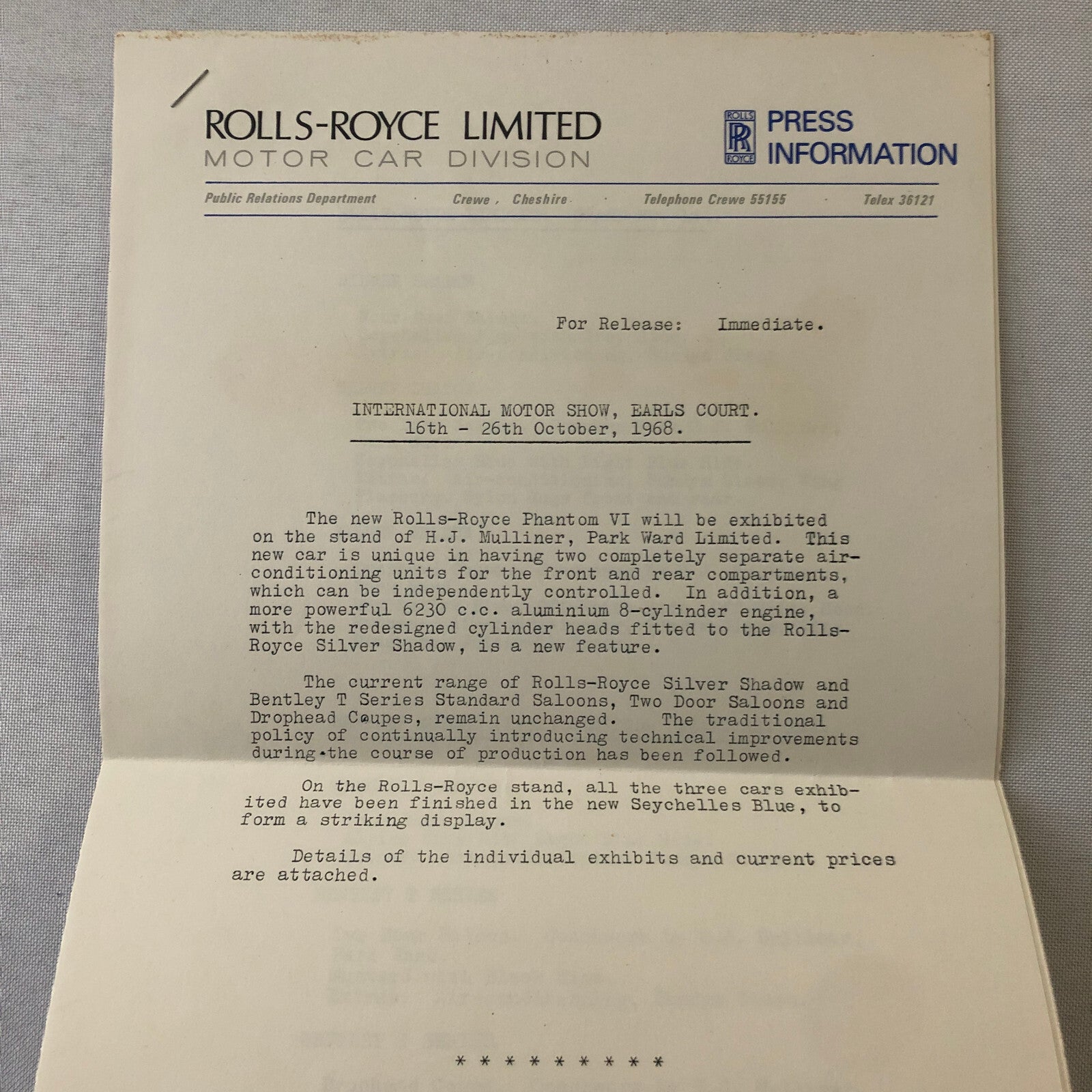 Rolls Royce Bentley Press Kit Silver Shadow Bentley T Series Phantom 1968 1969