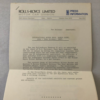 Rolls Royce Bentley Press Kit Silver Shadow Bentley T Series Phantom 1968 1969