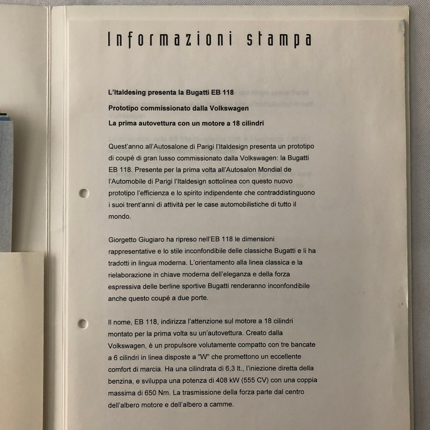 Bugatti EB118 Press Kit Brochure Italian Text Concept Car Photographs