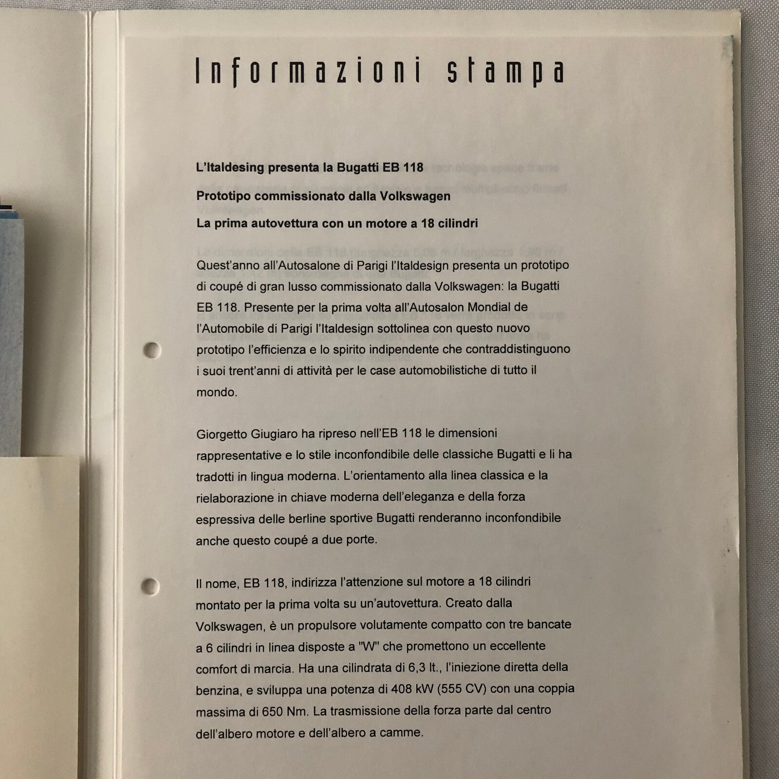 Bugatti EB118 Press Kit Brochure Italian Text Concept Car Photographs