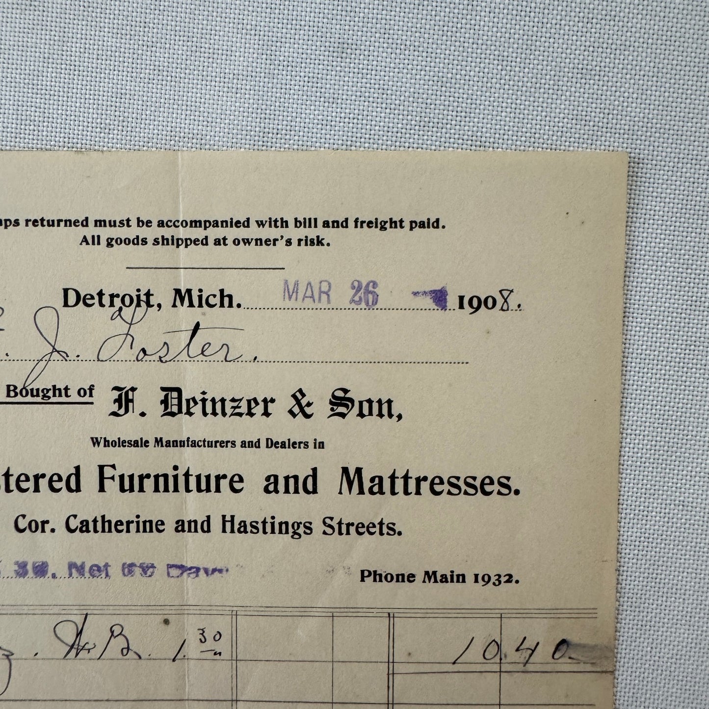 F Deinzer and Son Furniture Mattresses Invoice Receipt Document Lot 4x Detroit