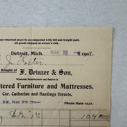 F Deinzer and Son Furniture Mattresses Invoice Receipt Document Lot 4x Detroit