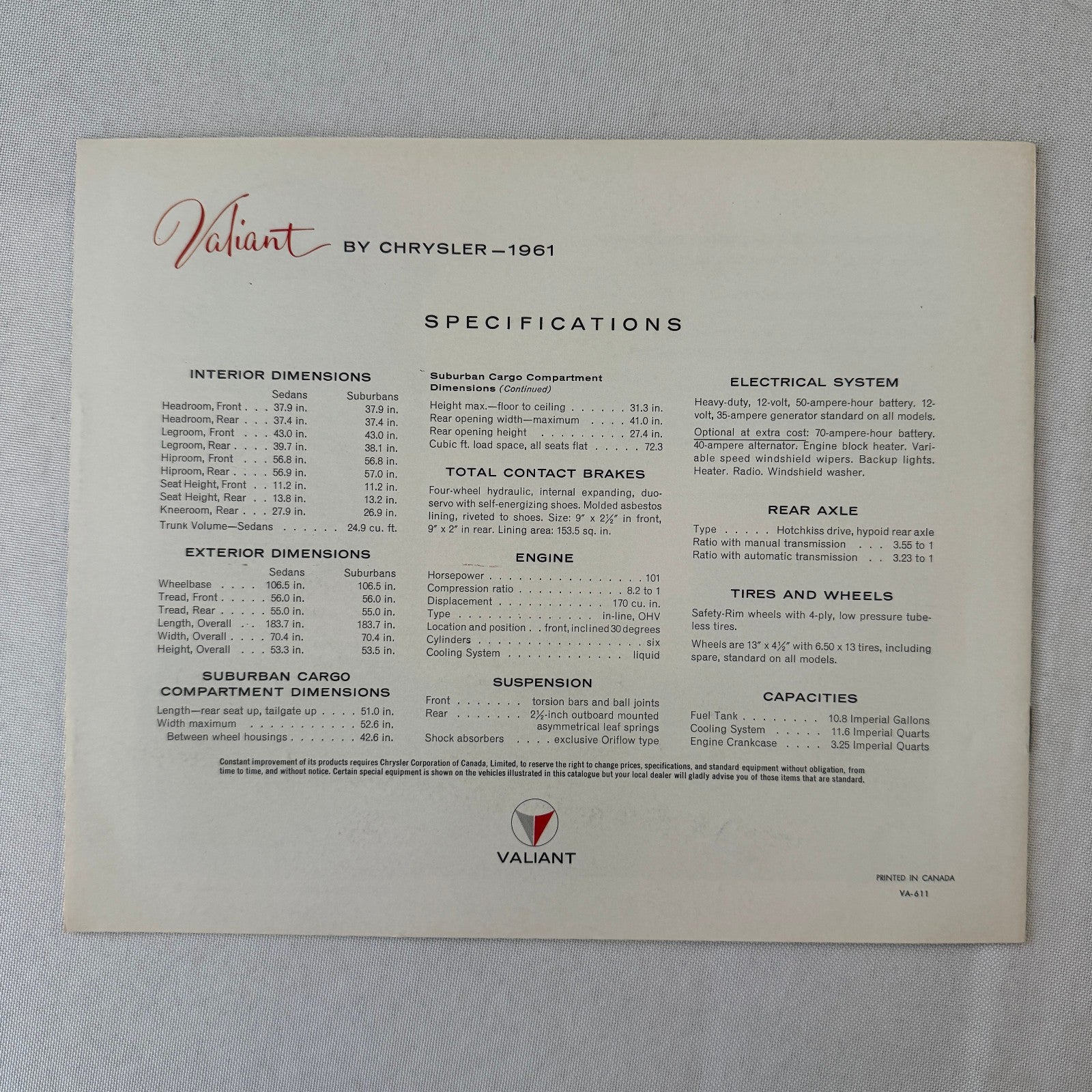 1961 Valiant By Chrysler Car Automobile Sales Brochure Catalog Advertising