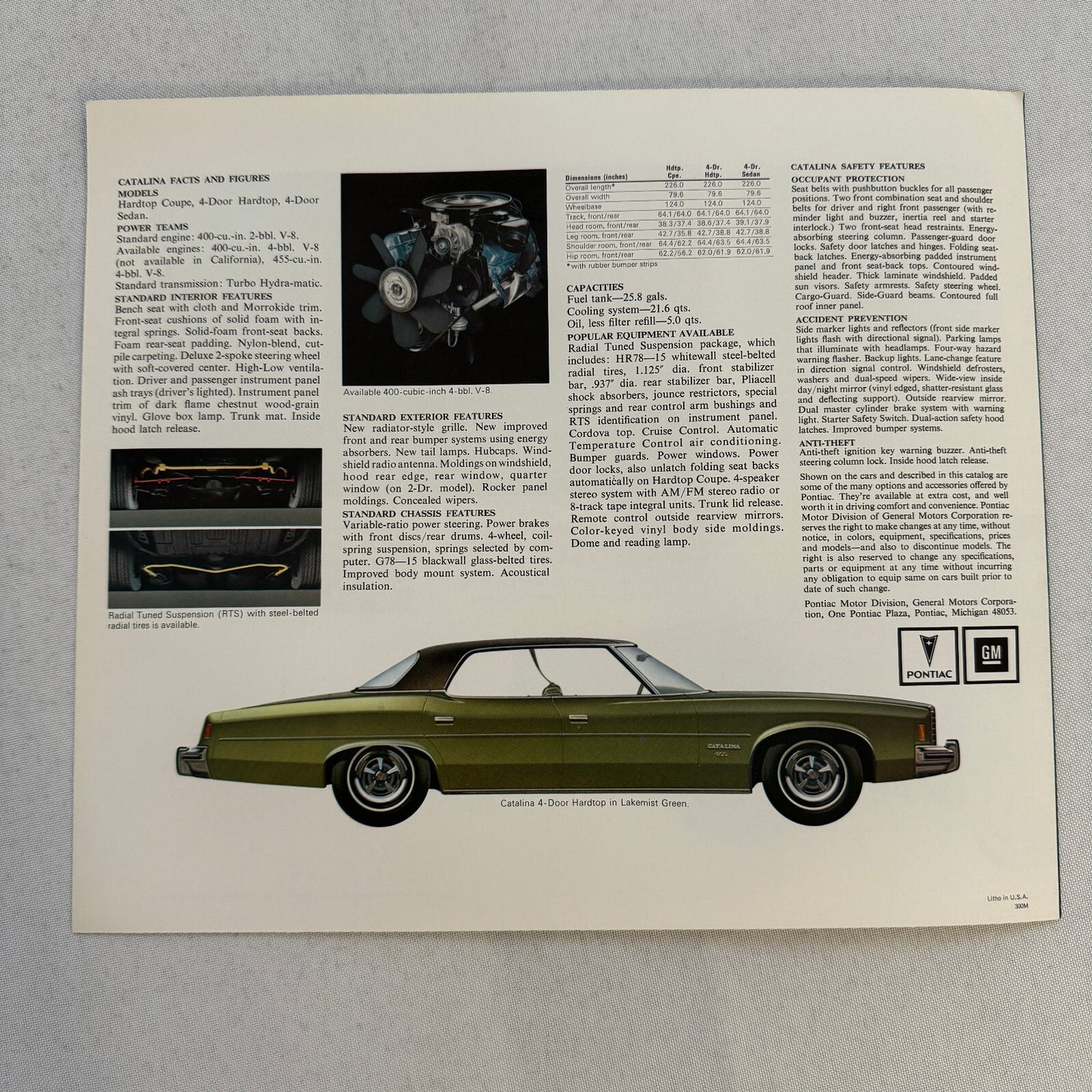 1974 Pontiac Catalina Car Sales Brochure Catalog Advertising