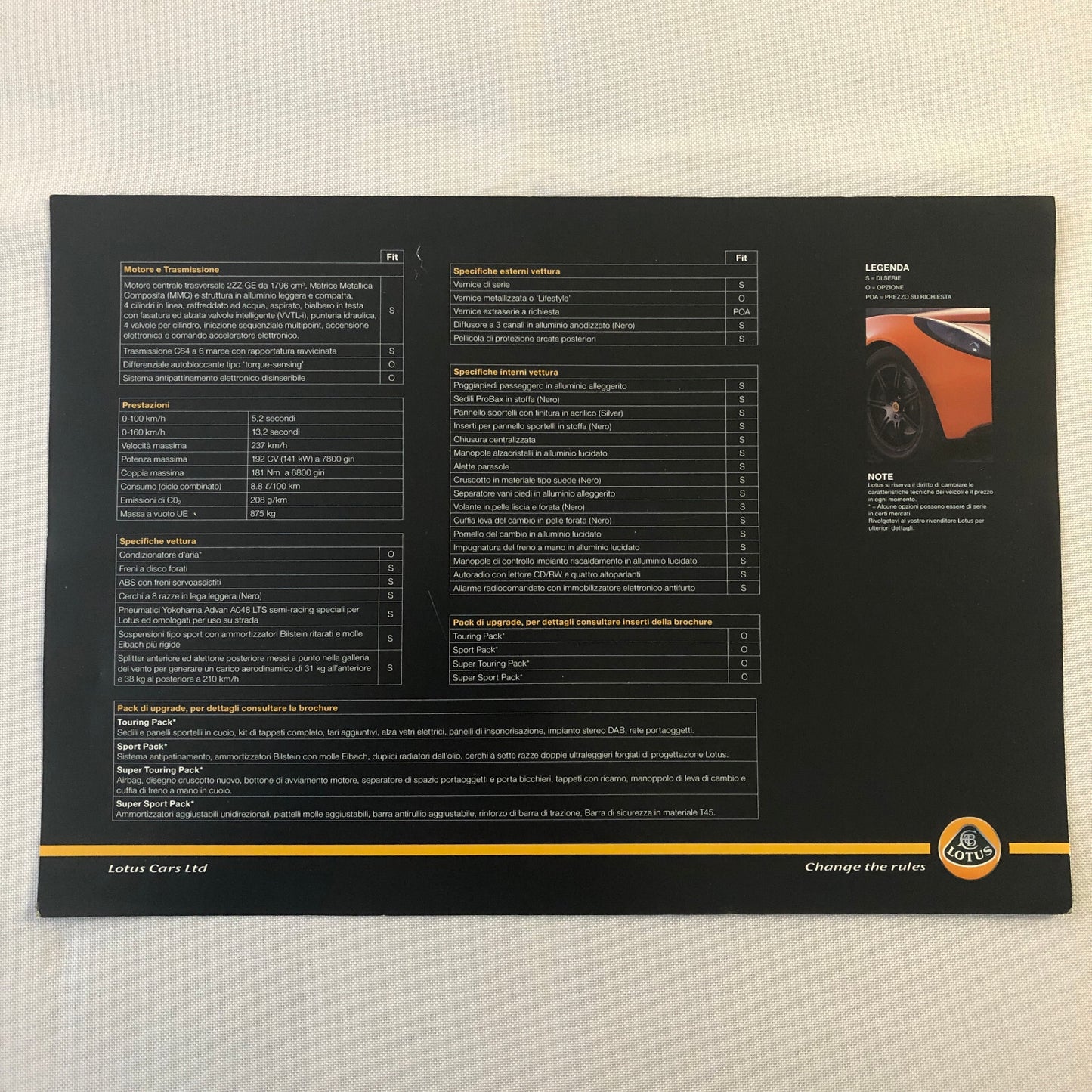 Lotus Exige Sales Sheet Brochure Advertising ITALIAN TEXT