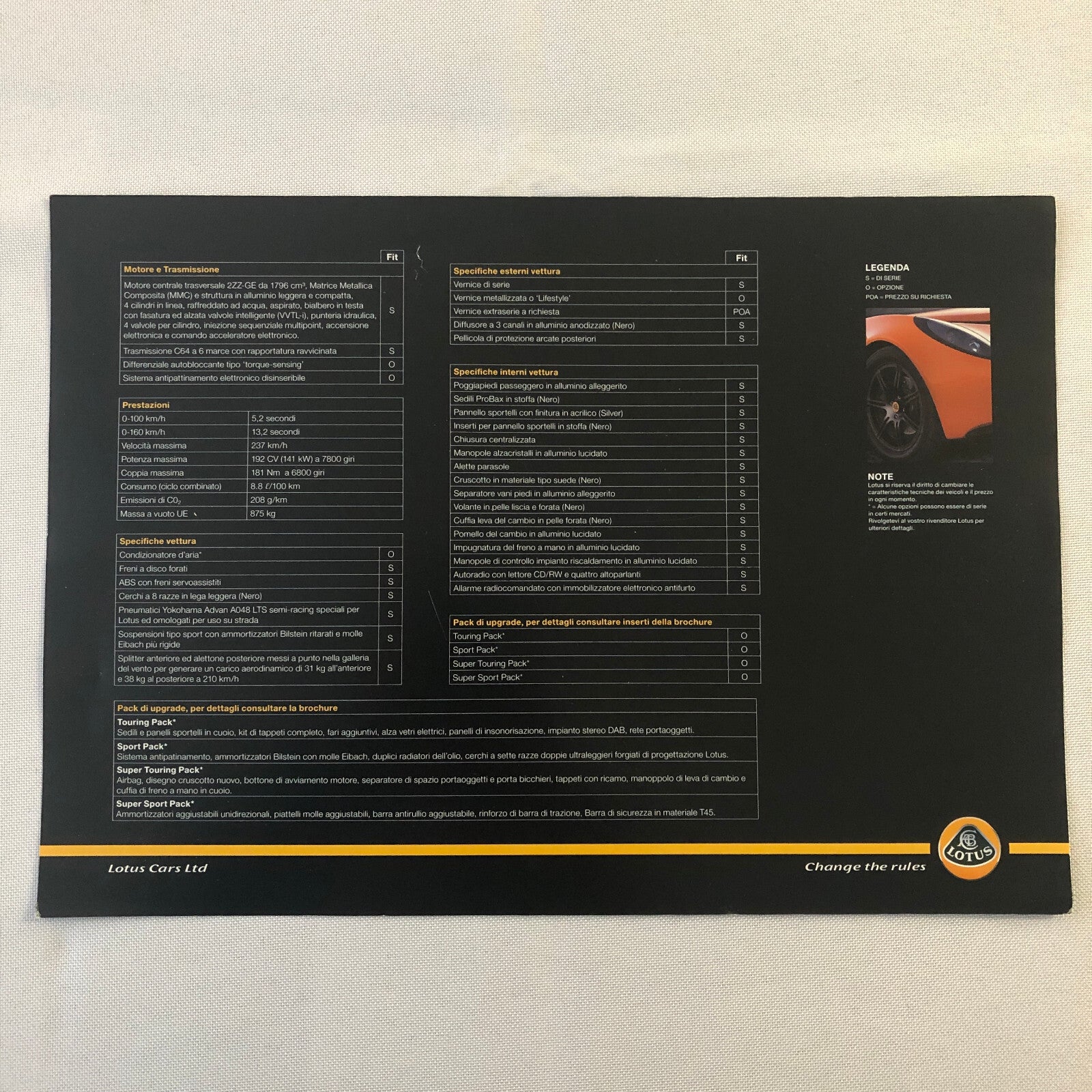 Lotus Exige Sales Sheet Brochure Advertising ITALIAN TEXT