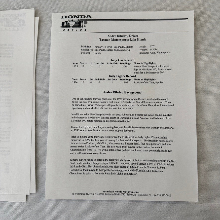 1996 Honda Indy Racing Press Kit Brochure Andre Ribeiro
