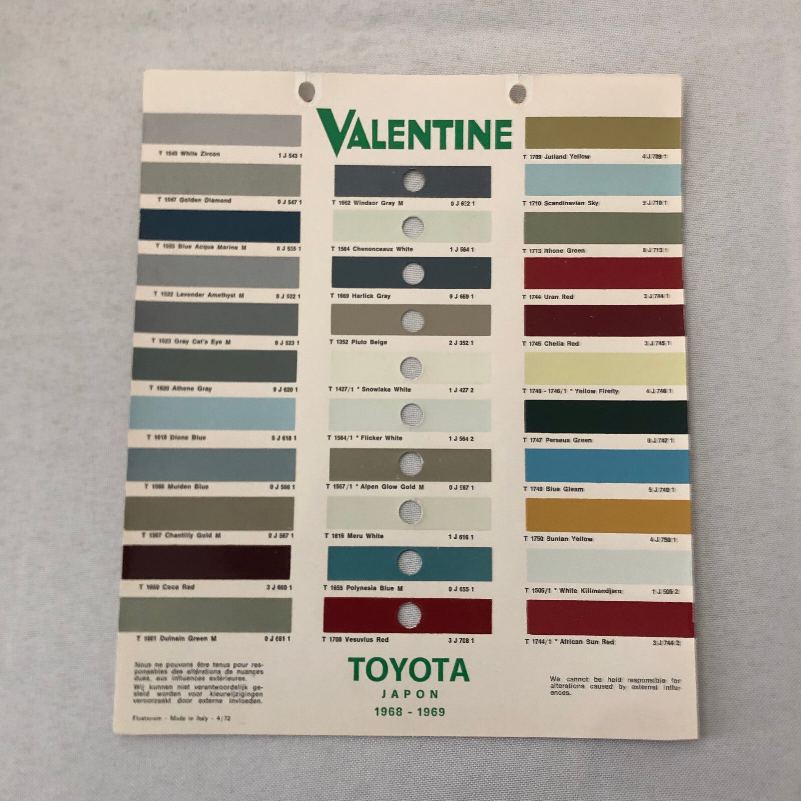 1968 1969 Toyota Car Paint Chip Color Sample Sheet Valentine