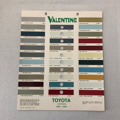 1968 1969 Toyota Car Paint Chip Color Sample Sheet Valentine