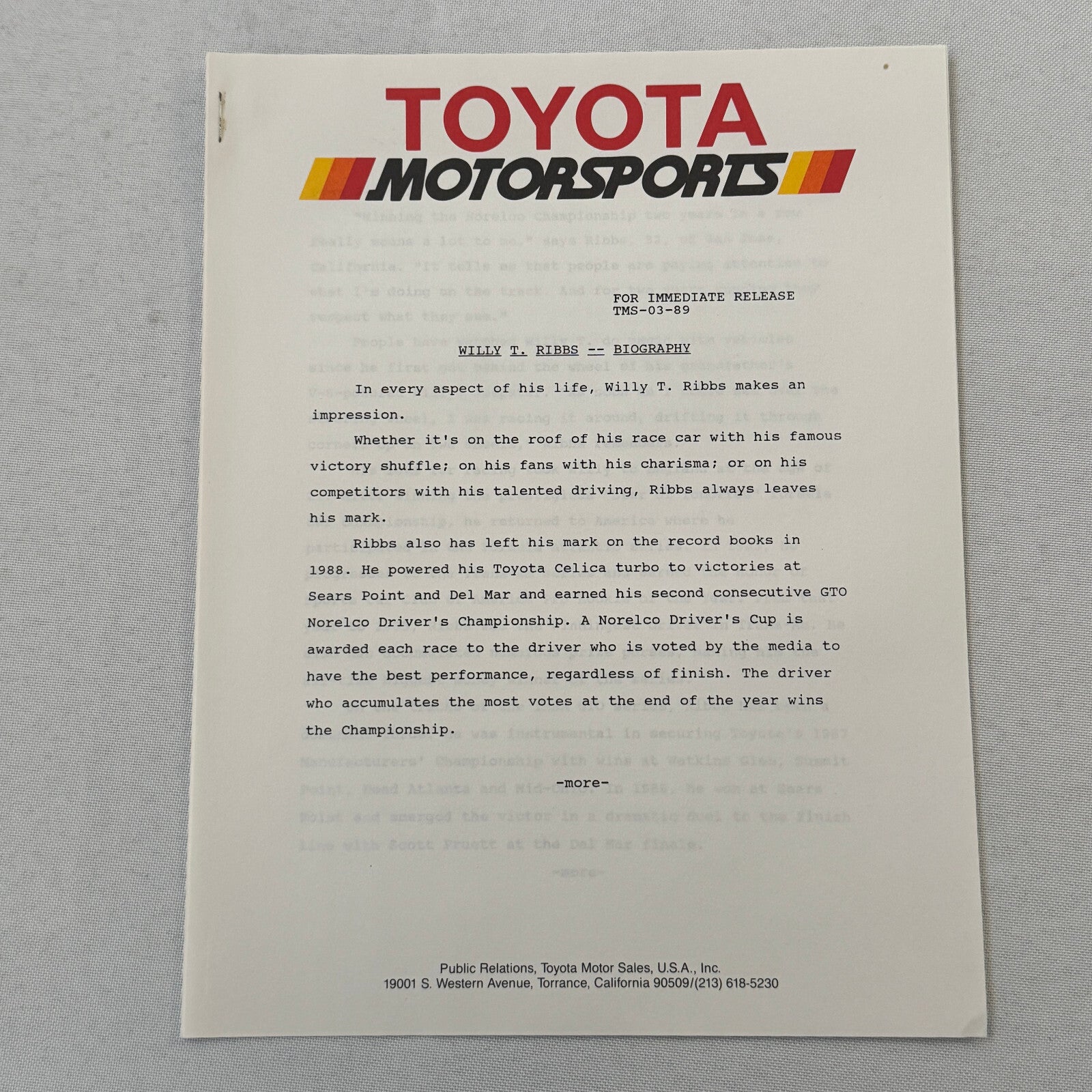 1989 Toyota Motorsport Racing Press Kit Dan Gurney Willy T Ribbs Fangio II