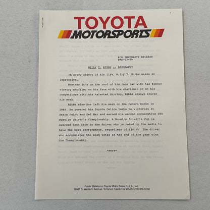 1989 Toyota Motorsport Racing Press Kit Dan Gurney Willy T Ribbs Fangio II