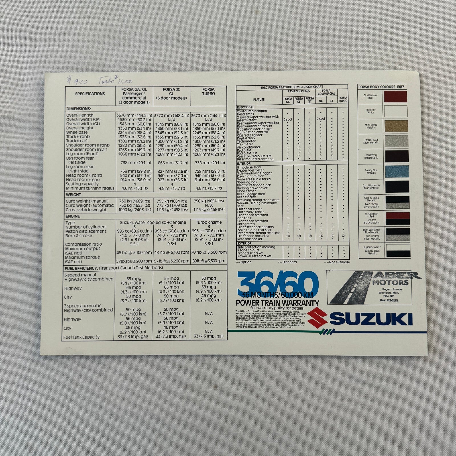 1987 Suzuki Forsa Car Sales Brochure Catalog Forsa Turbo GL GA